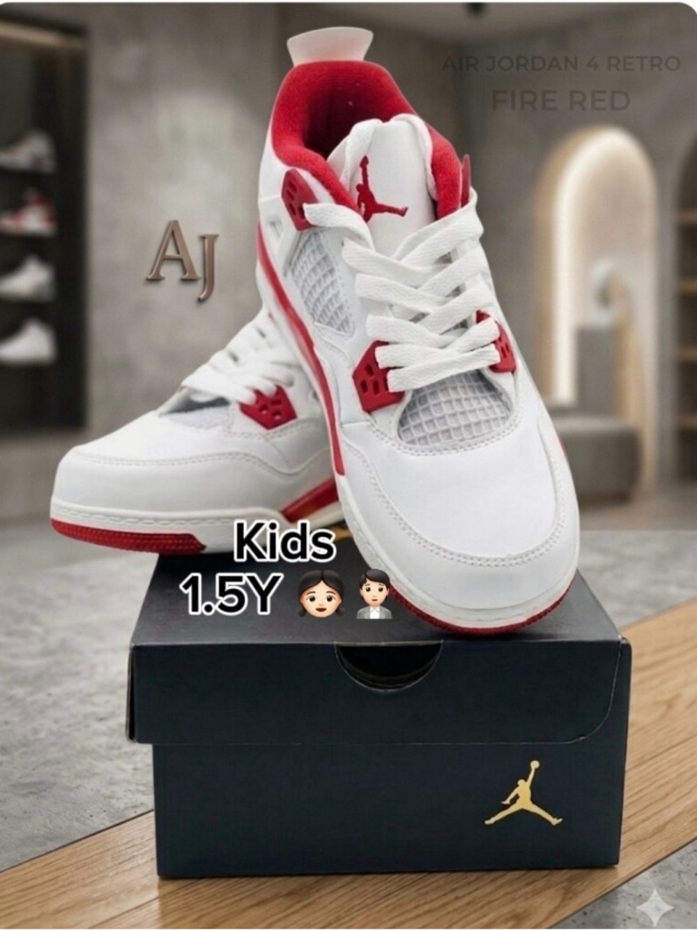 Jordan 4 Retro PS FOR Kids White & Red Low-Top Sneakers (Size 1.5Y)🙋🏻‍♀️🙋🏻
